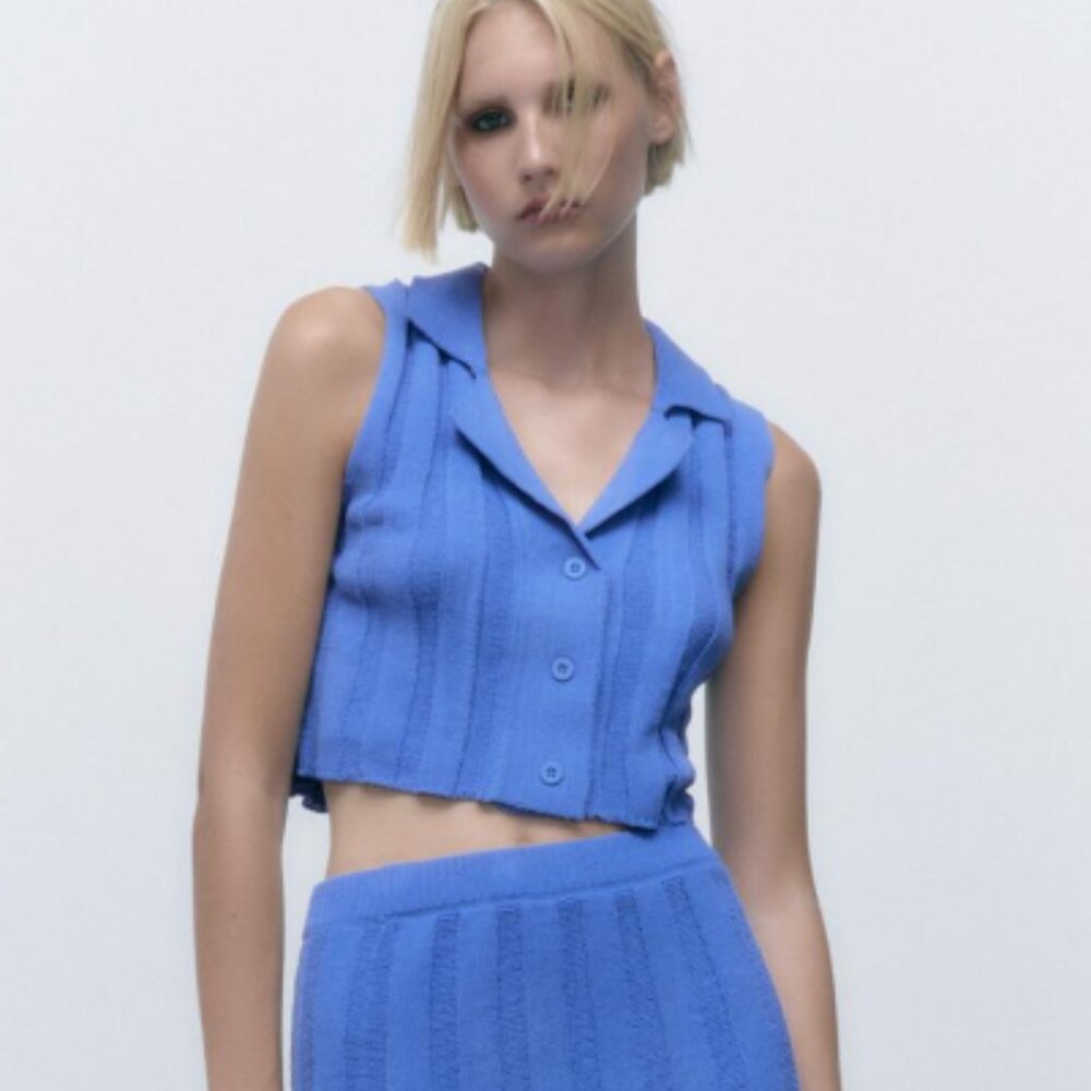 ZARA Blue Chenille Rib Sleeveless Knit Top - NEW